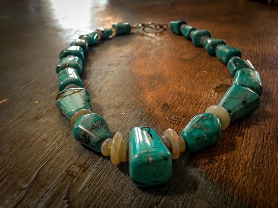Front view of a 19-stone turquoise necklace created by Bruce Eckhardt for Bruce Eckhardt Studio.